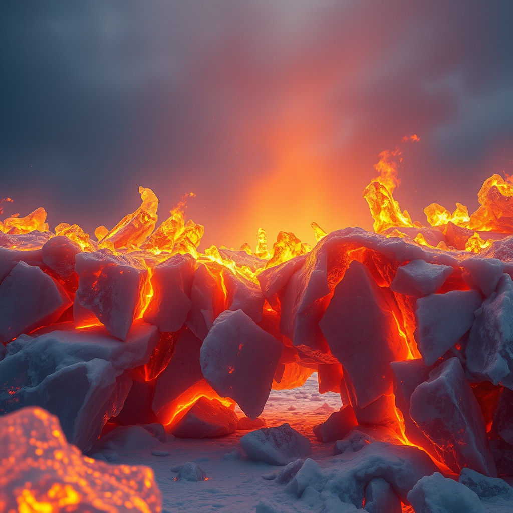 Fiery Ice Shelf with Floating Crystals