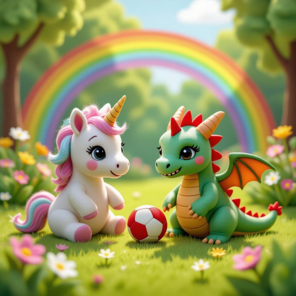 Baby Unicorn and Dragon Playing in Felted Style