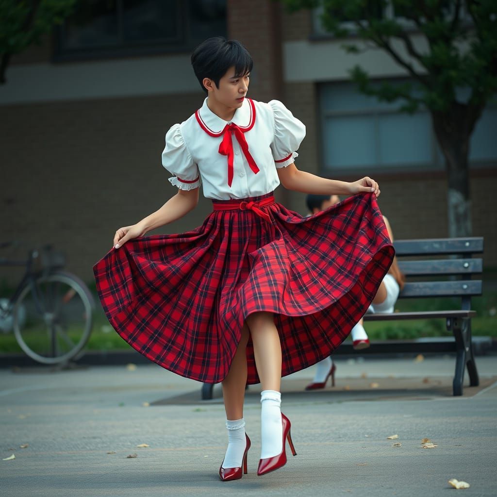 Elegant Young Man Twirls in Whimsical Schoolyard Setting