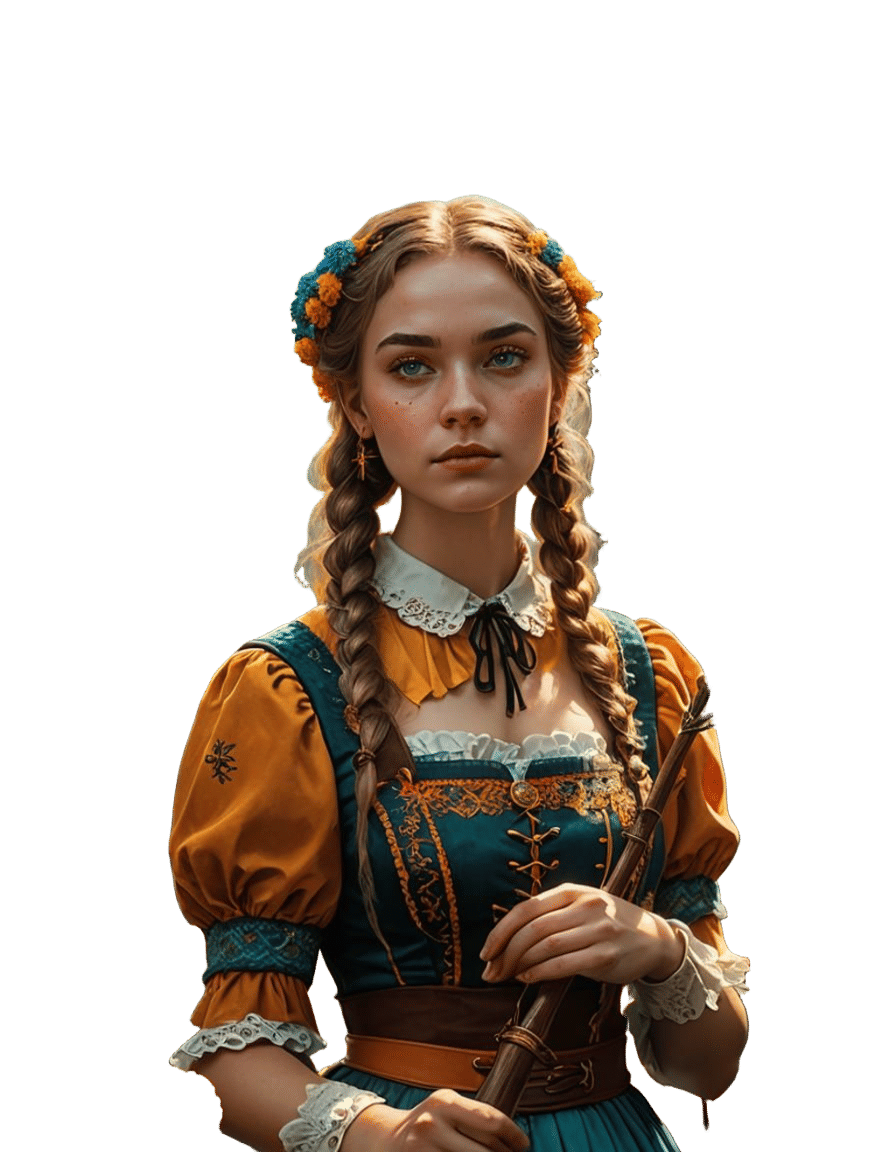 Girl in Oktoberfest Dress with Marigold Staff
