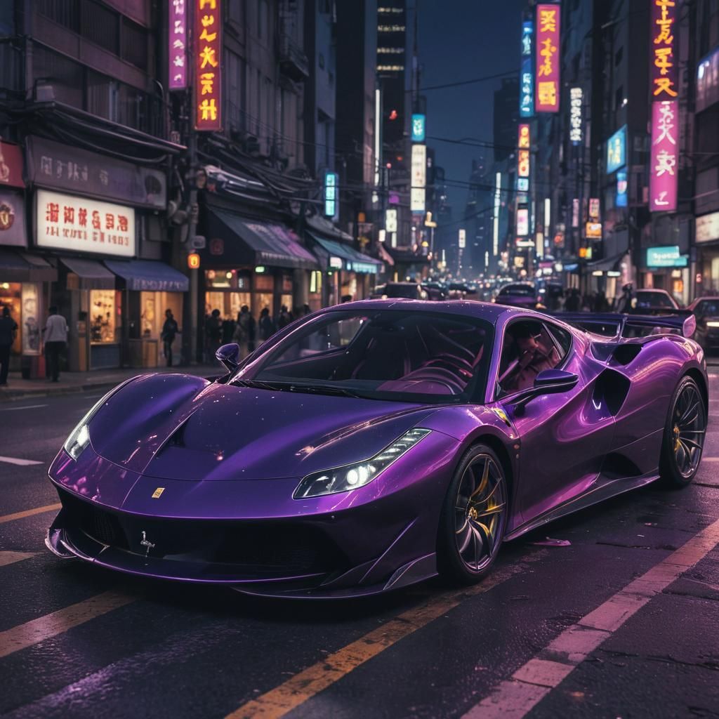 Sleek Purple Ferrari Tears Through Neon Tokyo