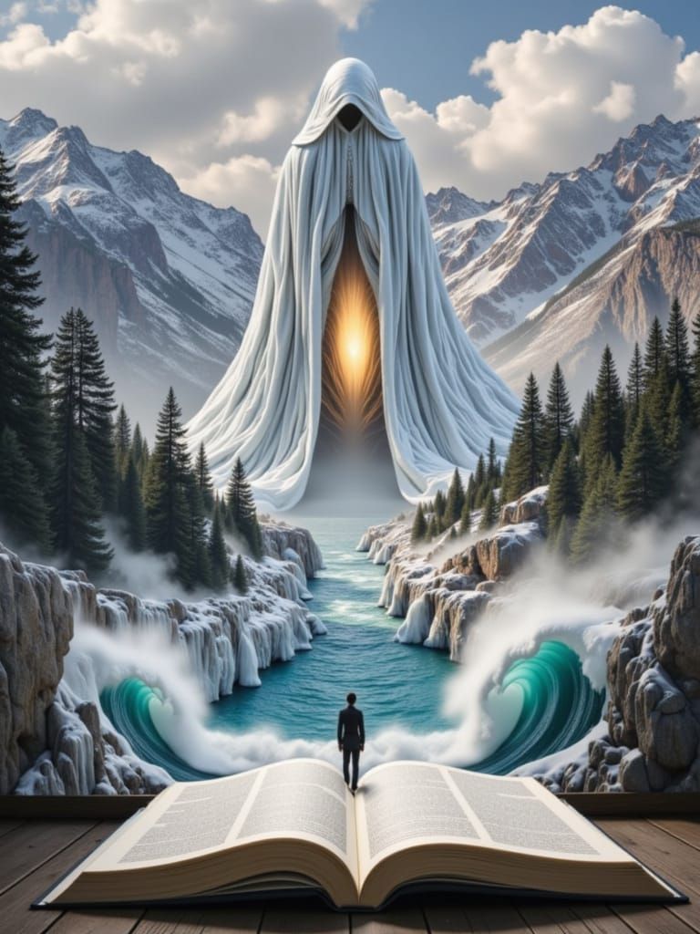 Surreal Book Valley with Mountain Pages and River