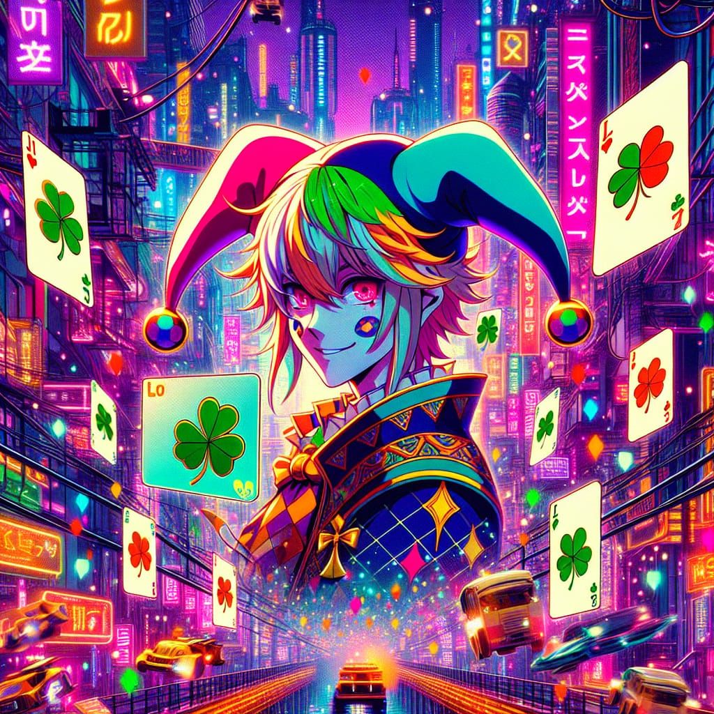 Anime Jester in Cyberpunk City with Clovers