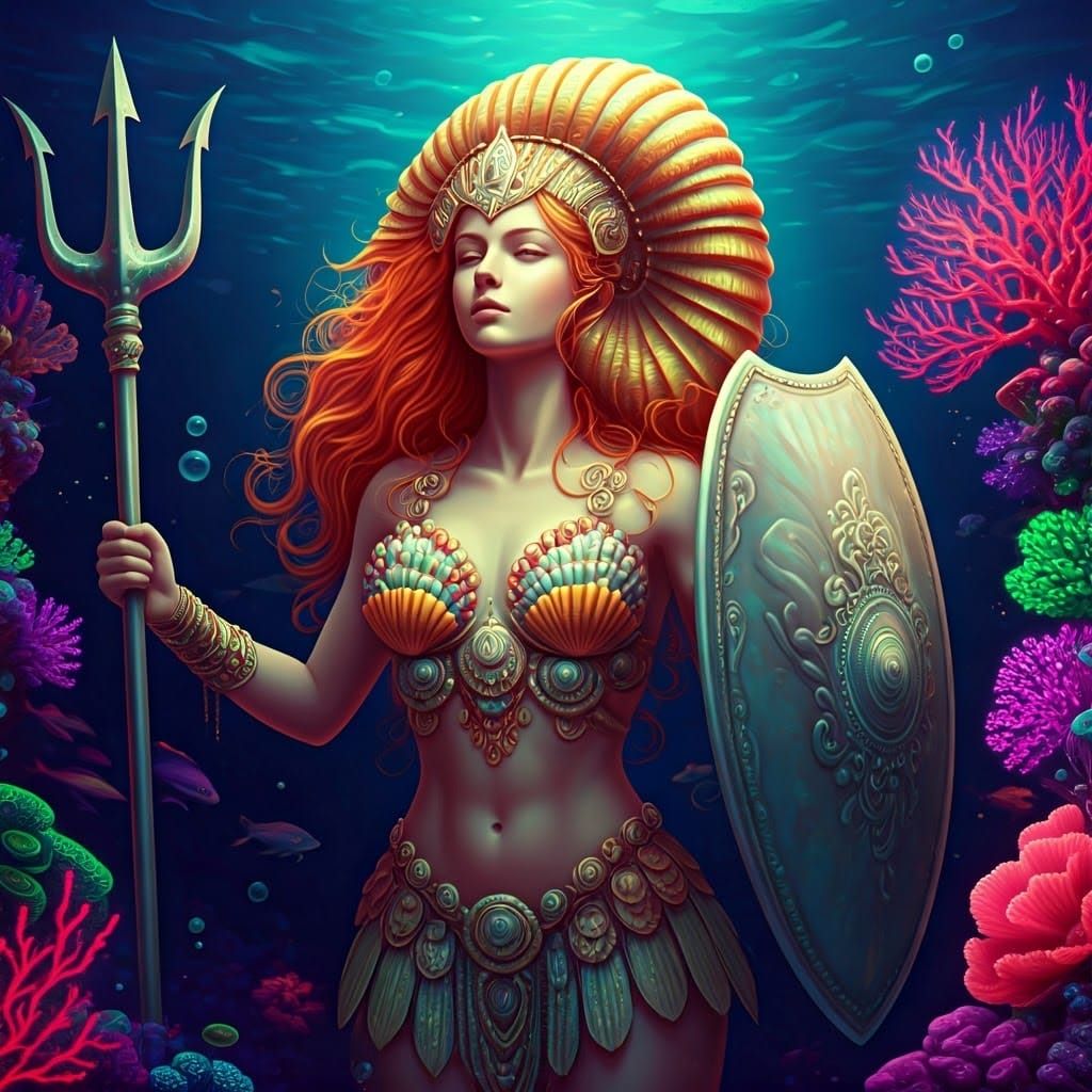Bioluminescent Atlantean Shield Maiden in Coral Reef