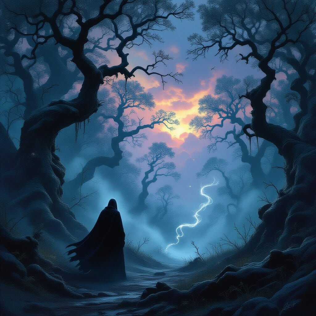 Solitary Figure in Spectral Forest, Dark Fantasy Art