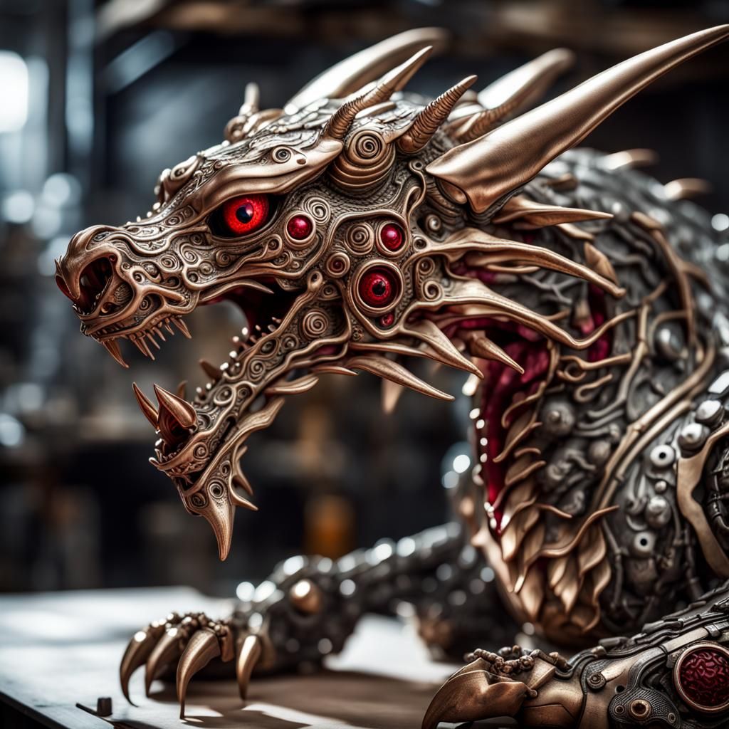 Hyperrealistic Robotic Ruby Eyed Dragon in Workshop