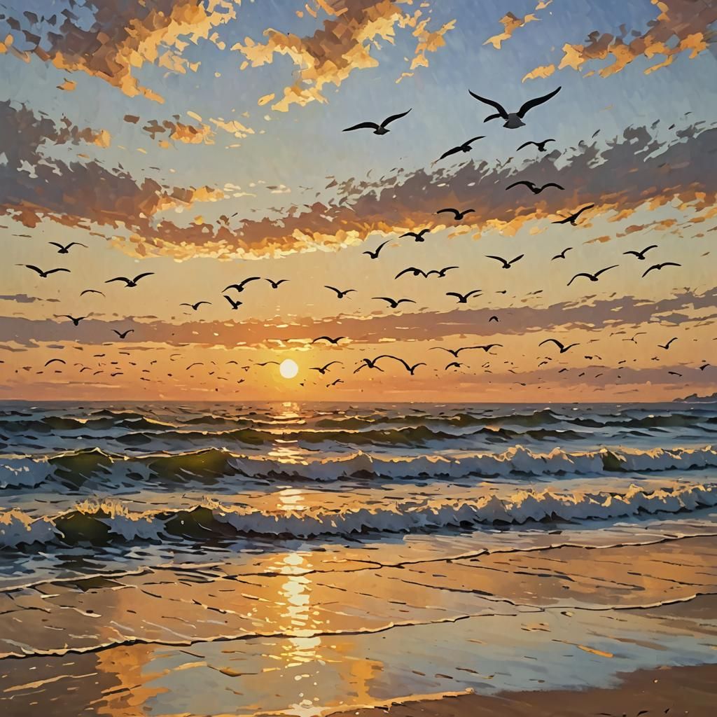 Impressionist Seascape with Golden Light and Gentle Waves