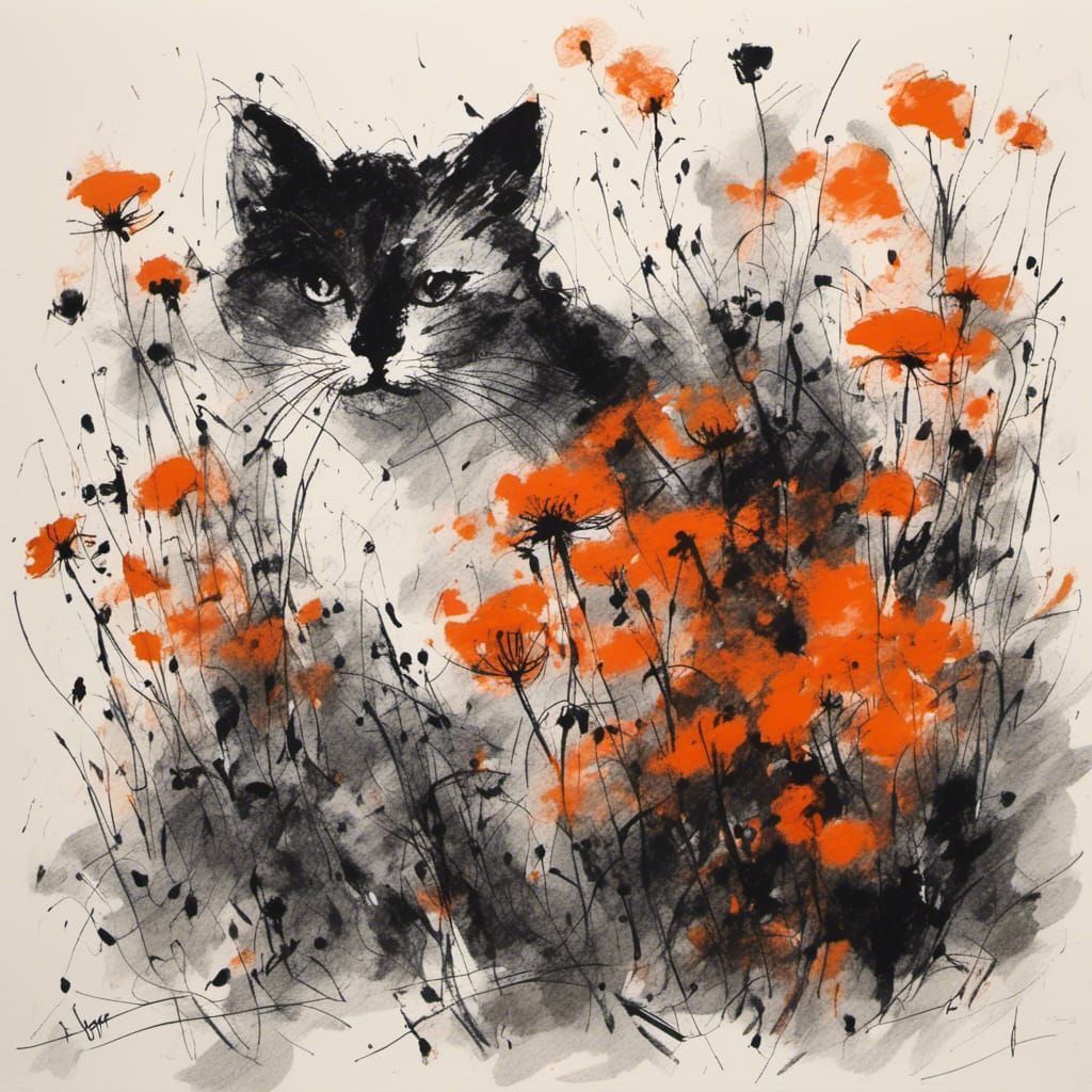 Minimalist Charcoal Cat in Garden Illustration