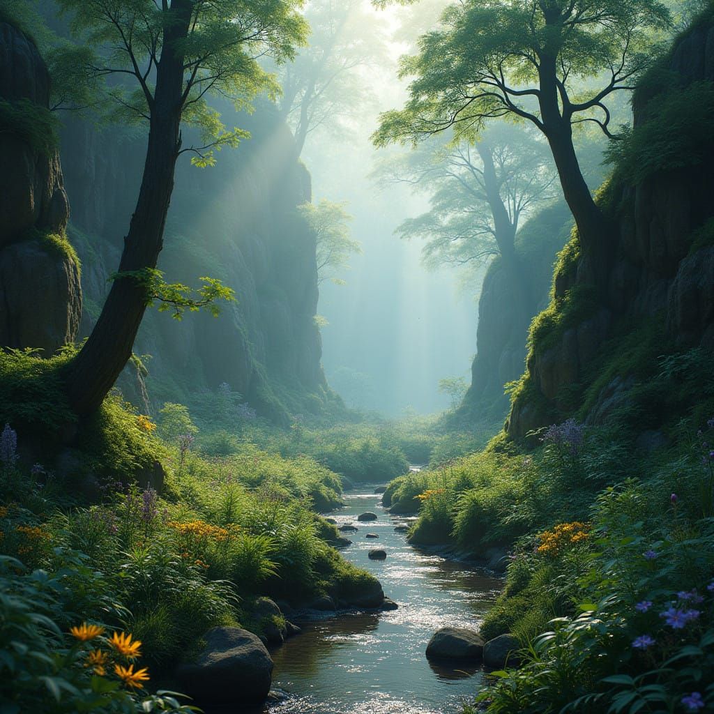 Mystical Gully with Towering Ferns and Lush Wildflowers