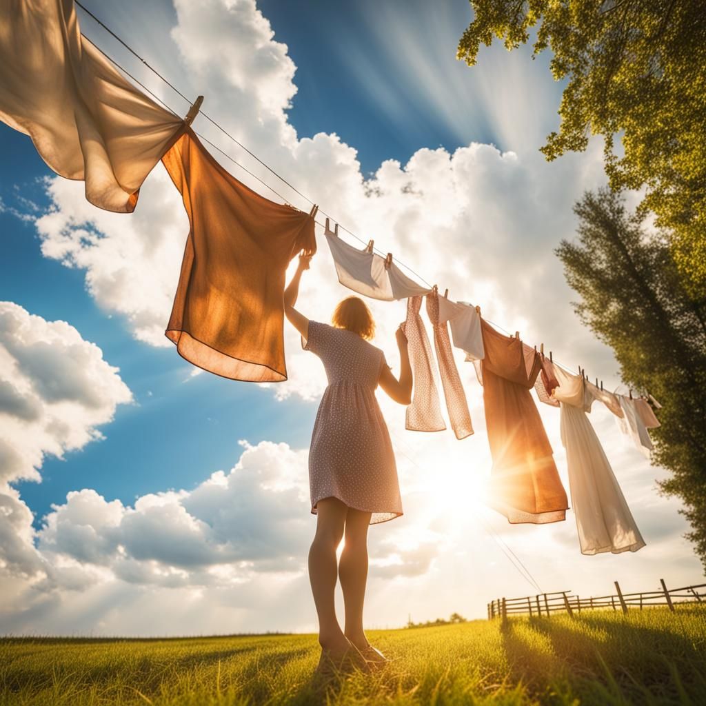 Farm Woman Hanging Laundry in Divine Sunshine