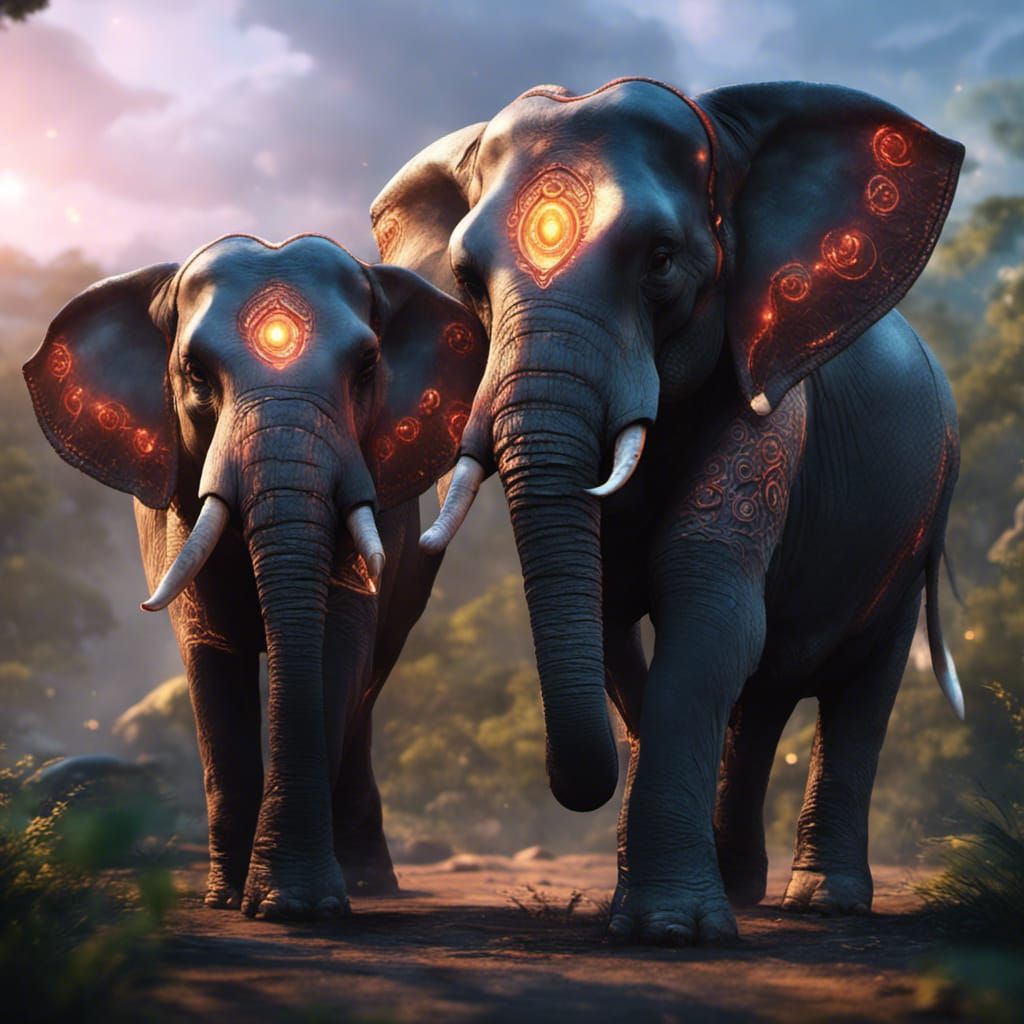Elephant Twins in Glowing Lights: Fantasy Art