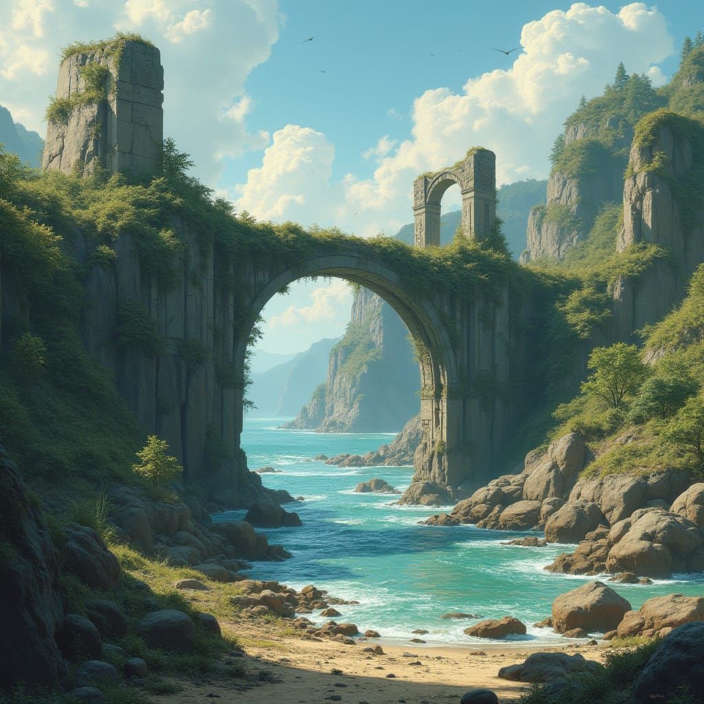 Ancient Ruins Bridge Over Rocky Shores in Futuristic Atmosph...