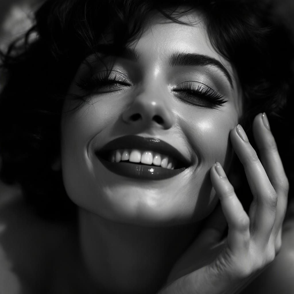 touch of ivory closeup of a betty boop style as smiling, art deco, monochrome, black hair, black eyes, above, heavenly d...