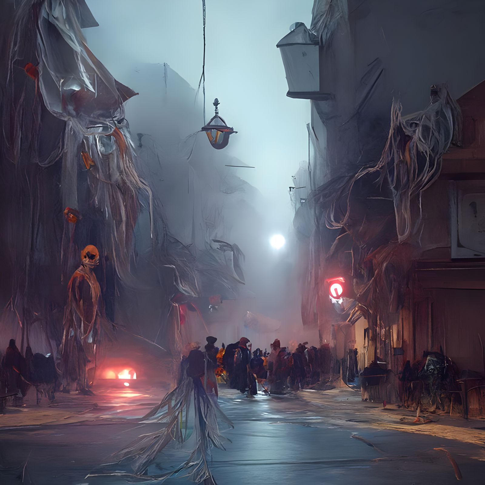 a lot people in costumes on a poorly lit street in the subur...