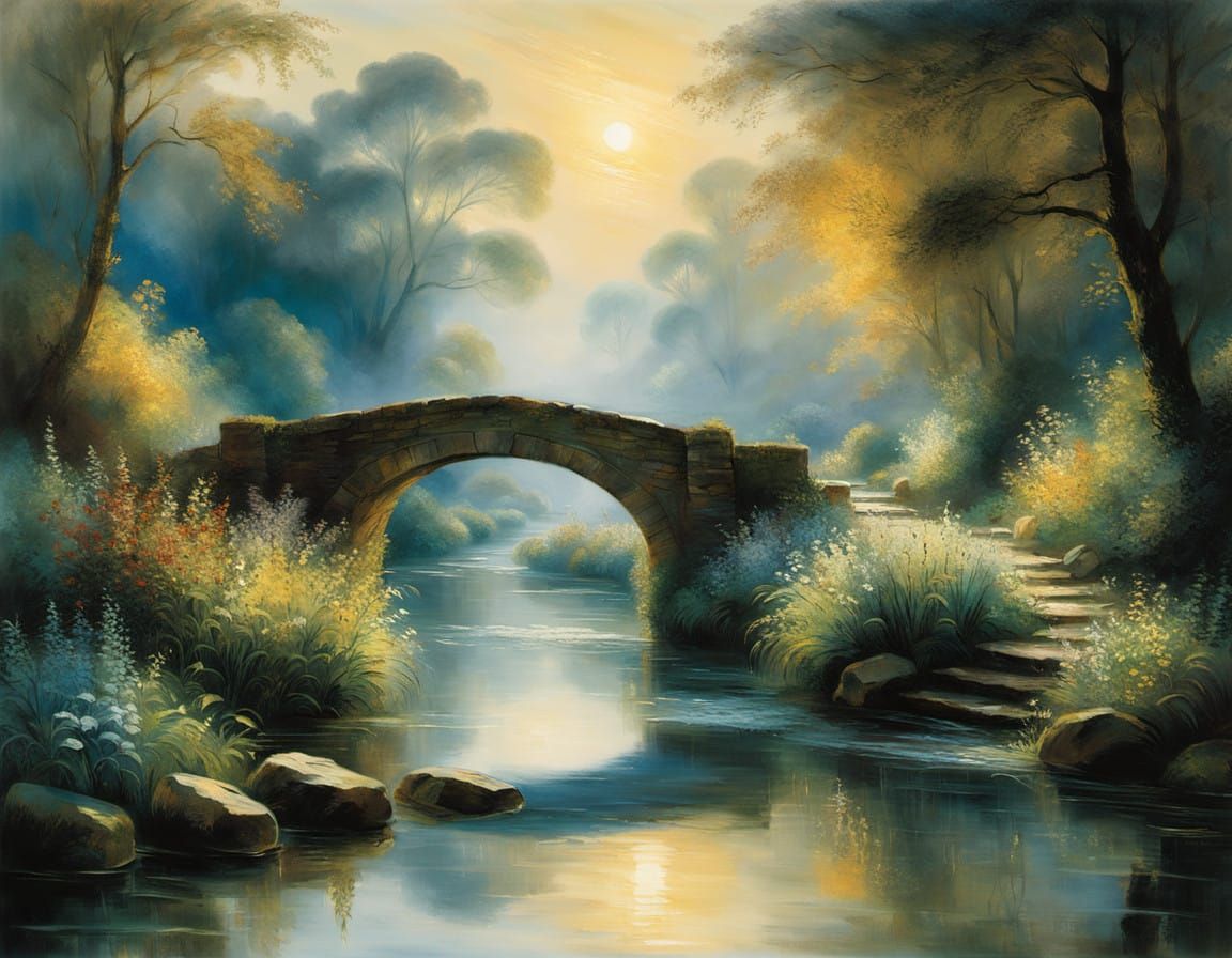 Golden Hour Italian Stream in Impressionist Style