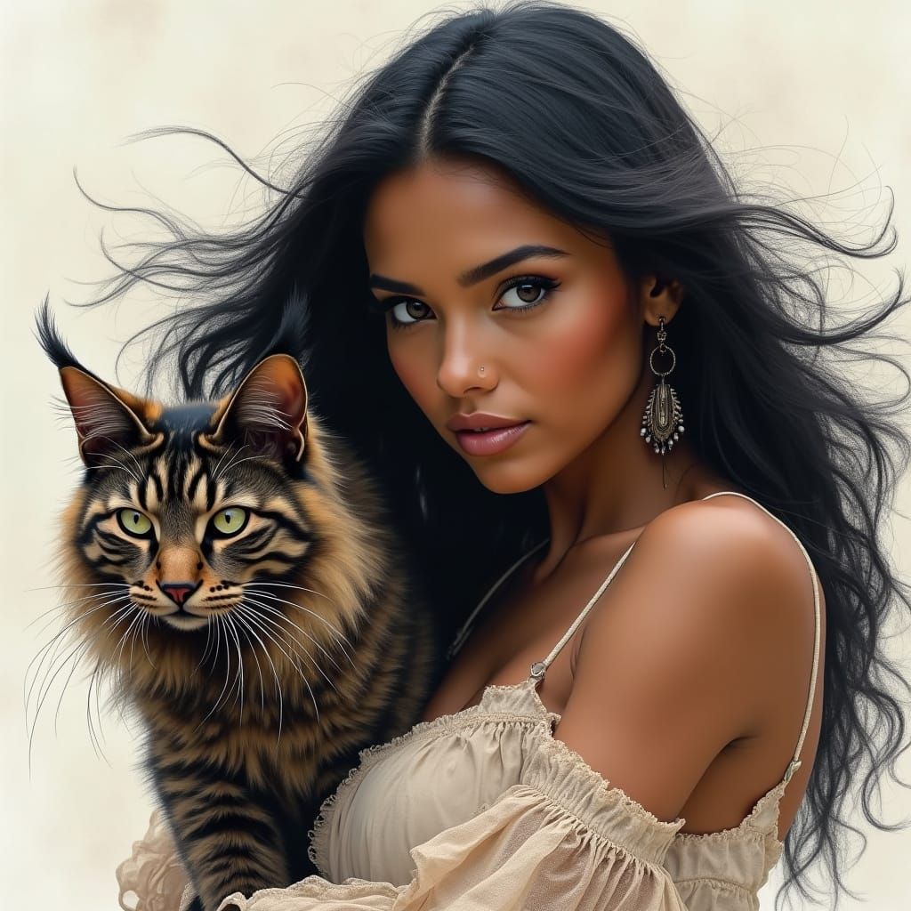 Native American Woman and Maine Coon Cat