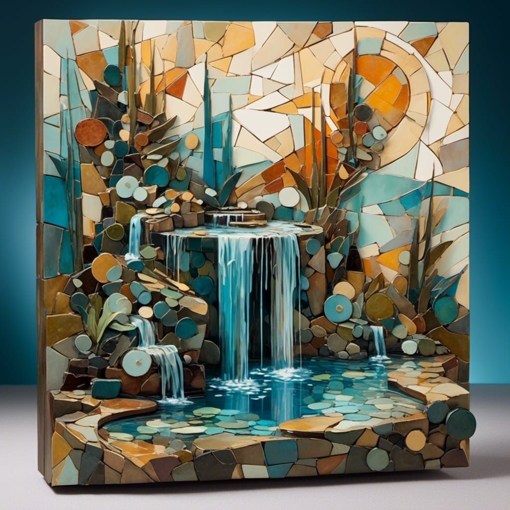 Cubist Fountain in a Shifting Surreal Landscape
