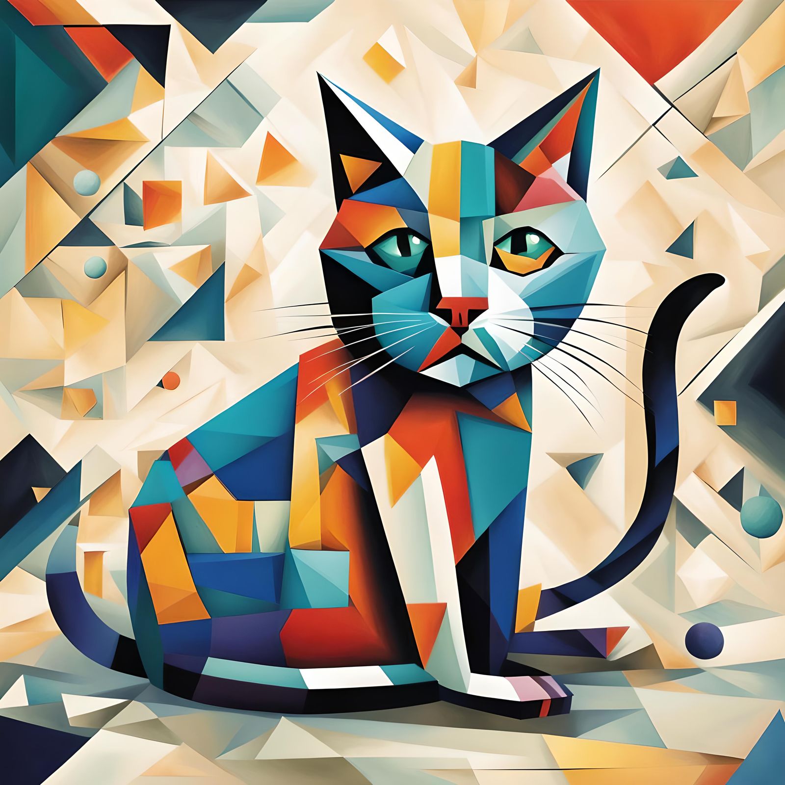 Cubist Cat Contemplates Cubist Mouse in Art Deco Style