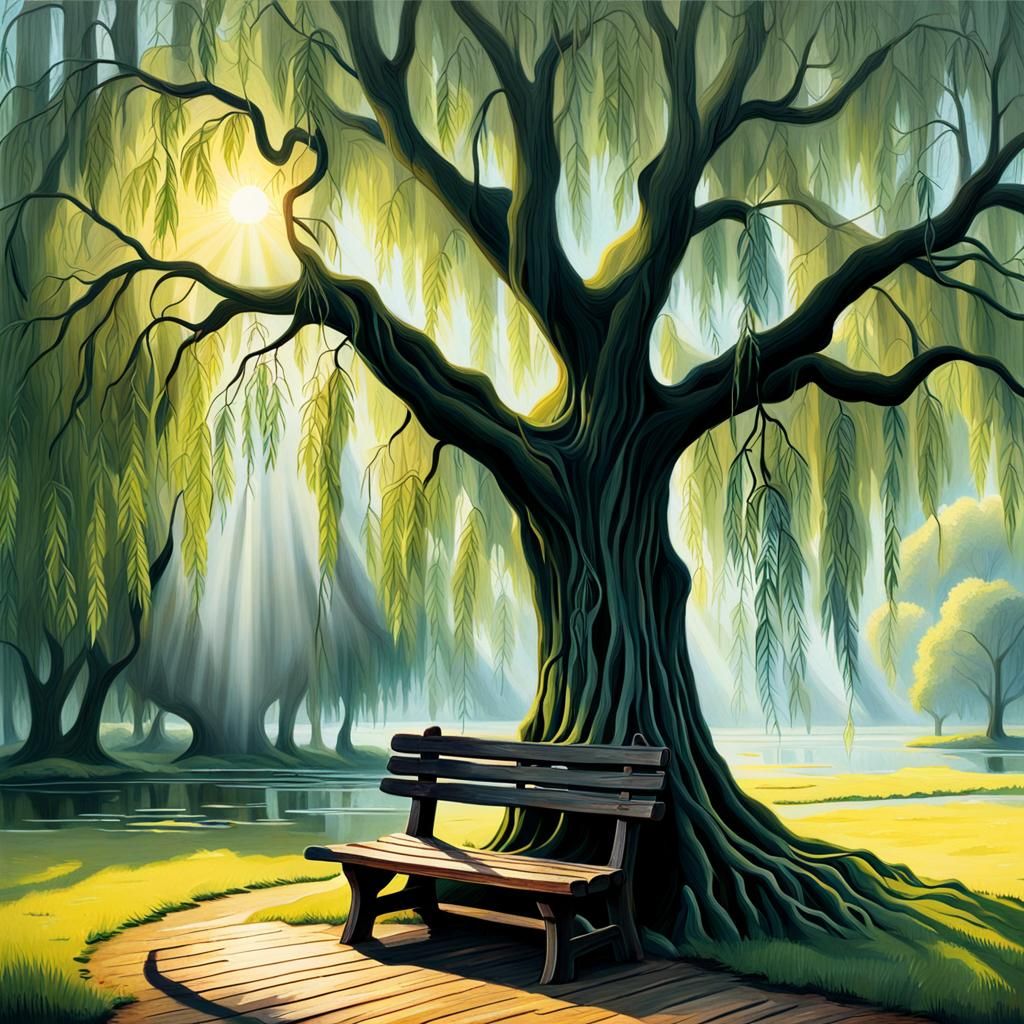 Weeping Willow Tree Oil Painting in Sunlight