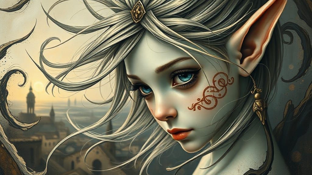 Fairy Elf with Celtic Motifs in Impasto Art Deco Style