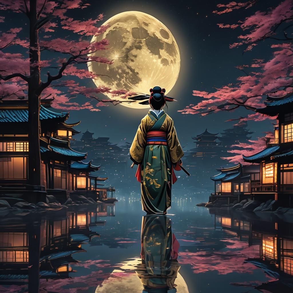 Geisha Ninja Hero Under Gold Moon in Synthwave Anime Style