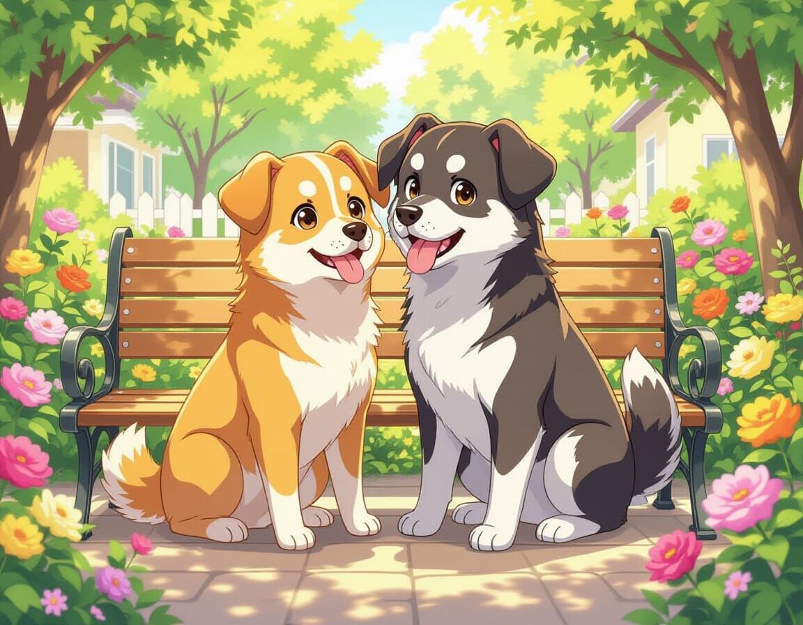 Cute Anime Dog Couple on Garden Bench in Soft Colors