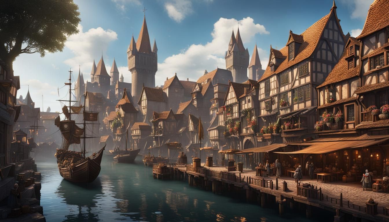 Bustling Medieval Merchant Port City in Detailed Matte Paint...