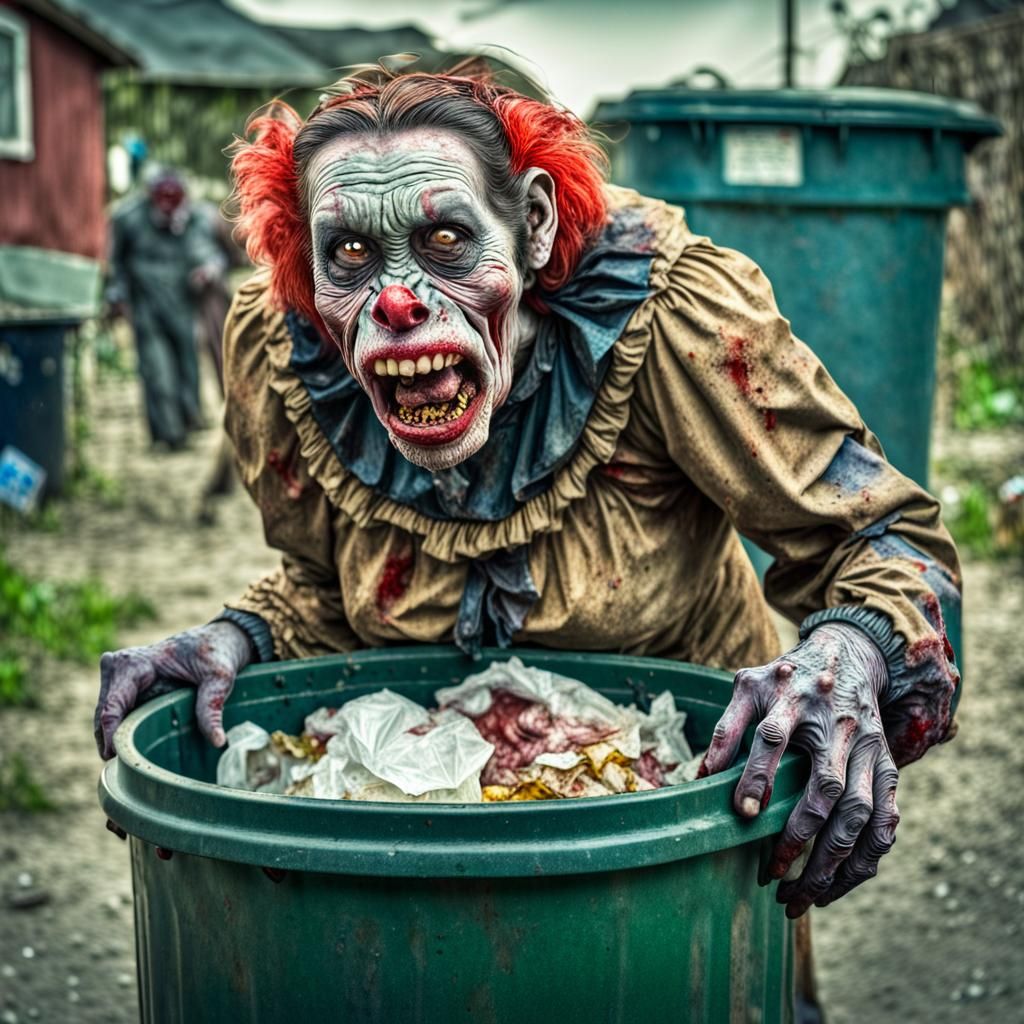 Hyperrealistic Zombie Monkey Clown Eating Garbage