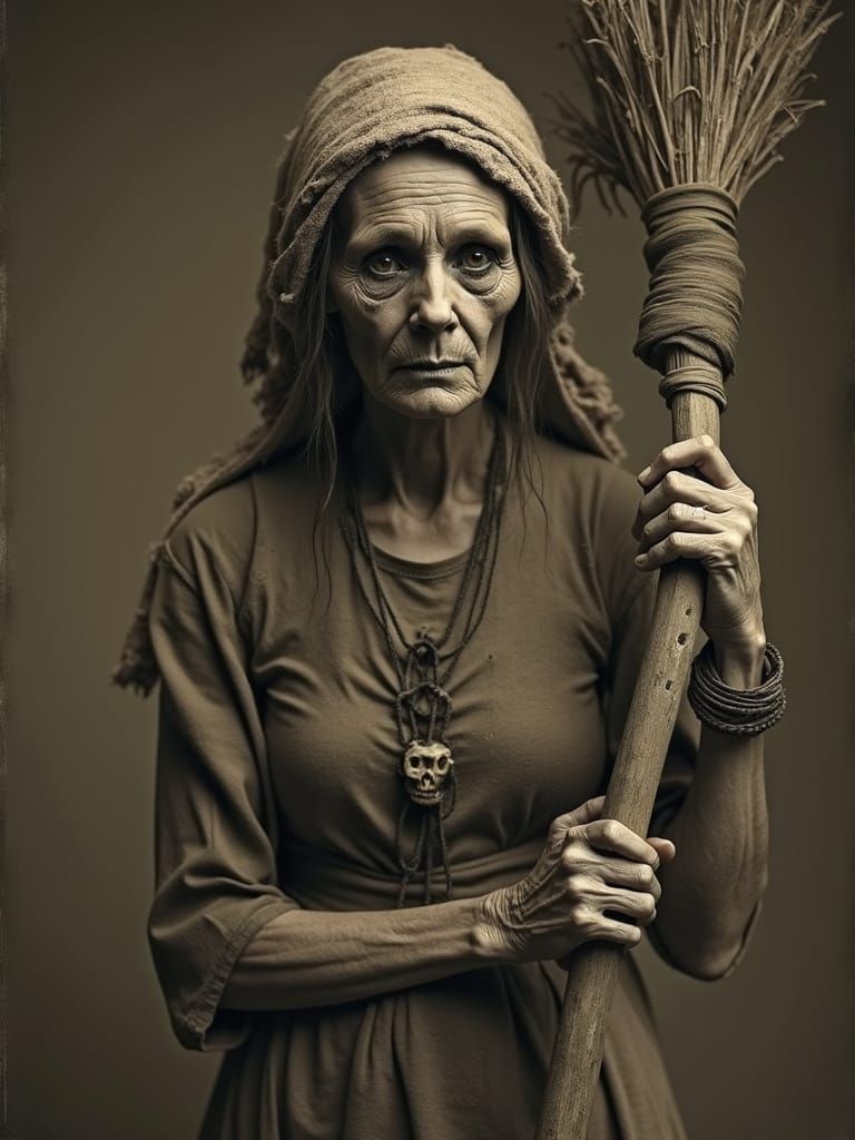Mysterious Elderly Woman in Sepia-Toned Folk Horror Style