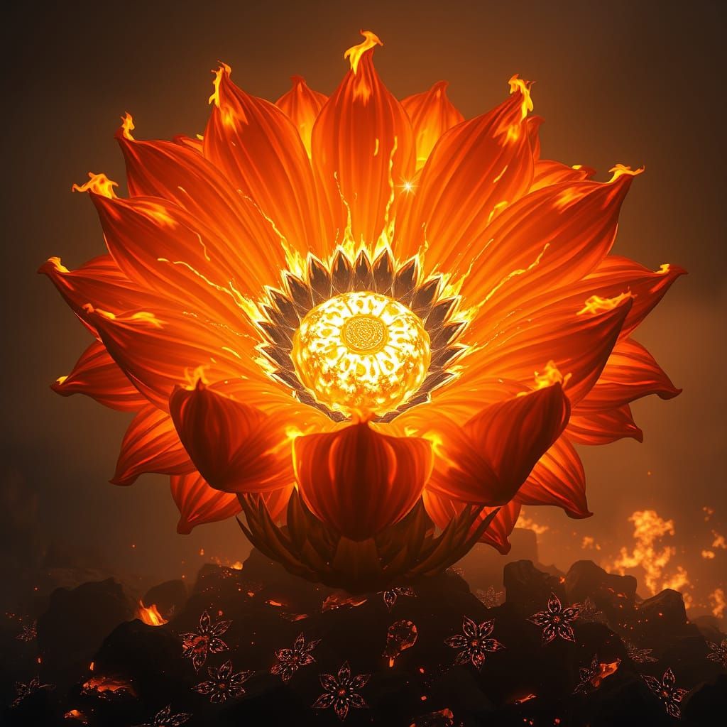 Surreal Fiery Blossom in Cyberpunk Aesthetic