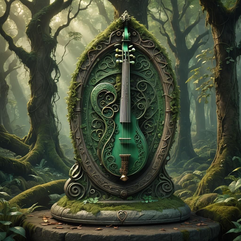 Mystical Forest Clearing with Broken Instrument