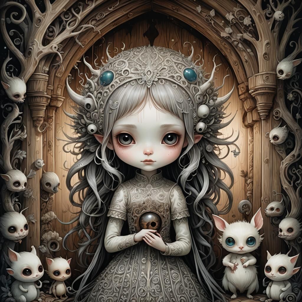 Girl Hugging Imp Creature in Slavic Storybook Style