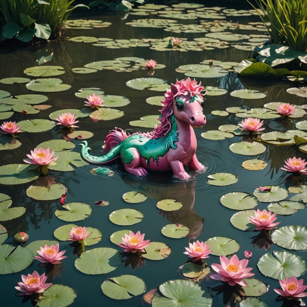 Pink Sea Pony in Water Lily Pond