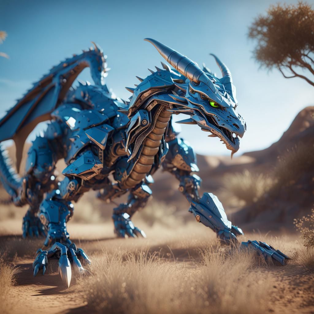 Blue Dragon in Savanna with Sci-Fi Details