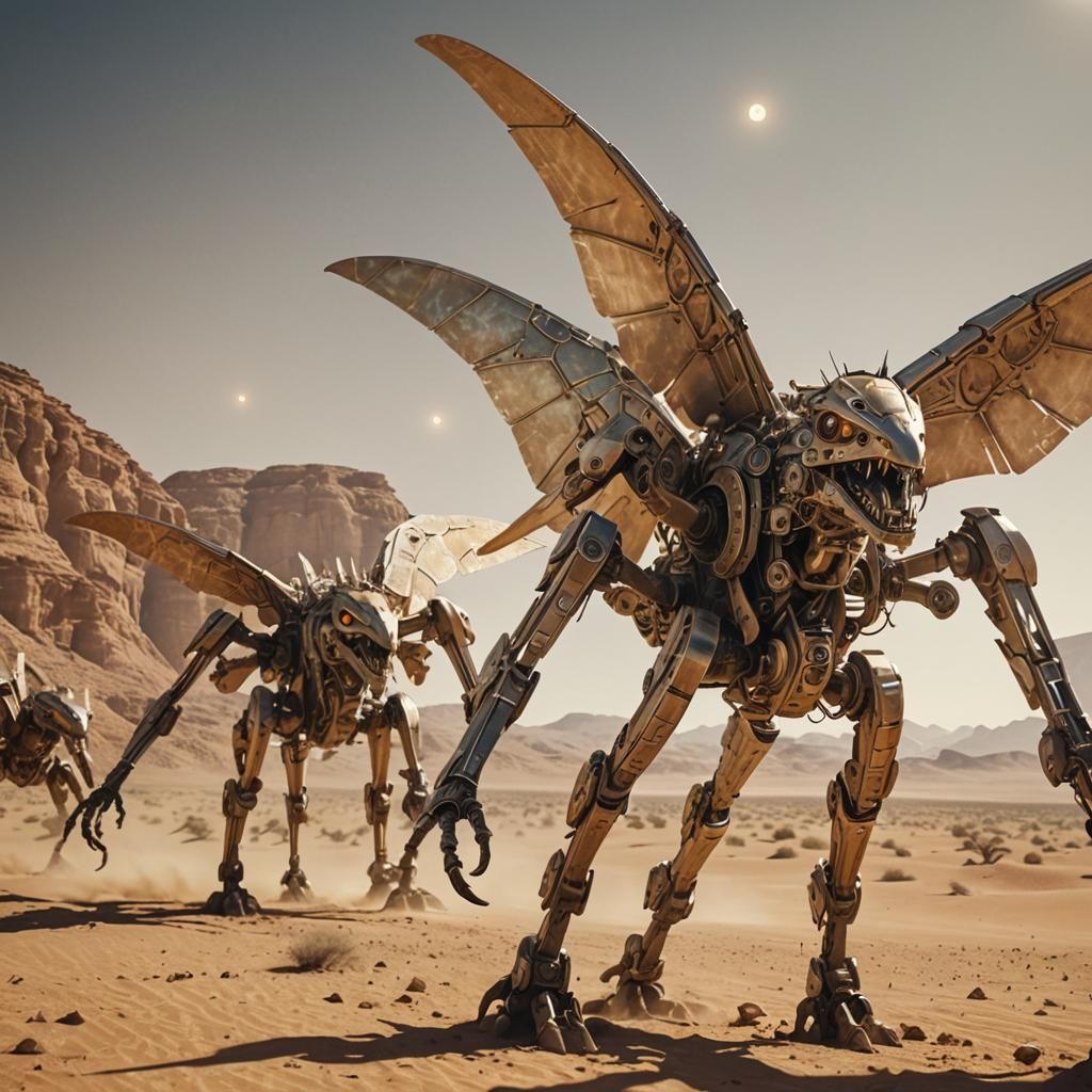 Majestic Mechanical Creatures in a Desert Landscape