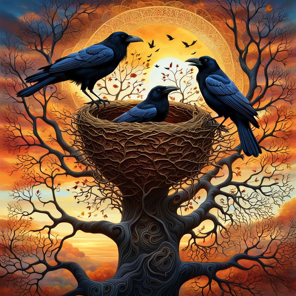 Majestic Crows Build a Golden Nest in a Dreamlike Filigree T...