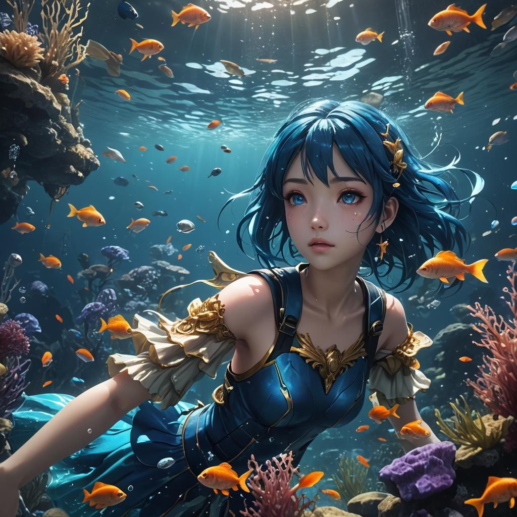 Underwater Anime Girl in a Detailed Digital Painting