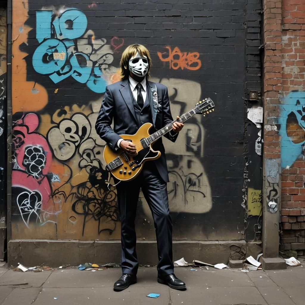 Banksy-Style Street Art: Nigel Tufnel in Urban Alleyway