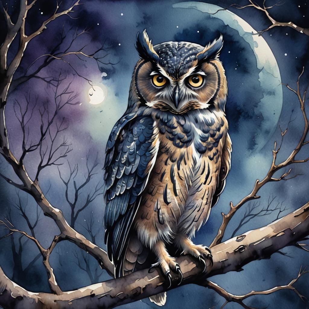 Moonlit Owl Portrait in Watercolor Illustration
