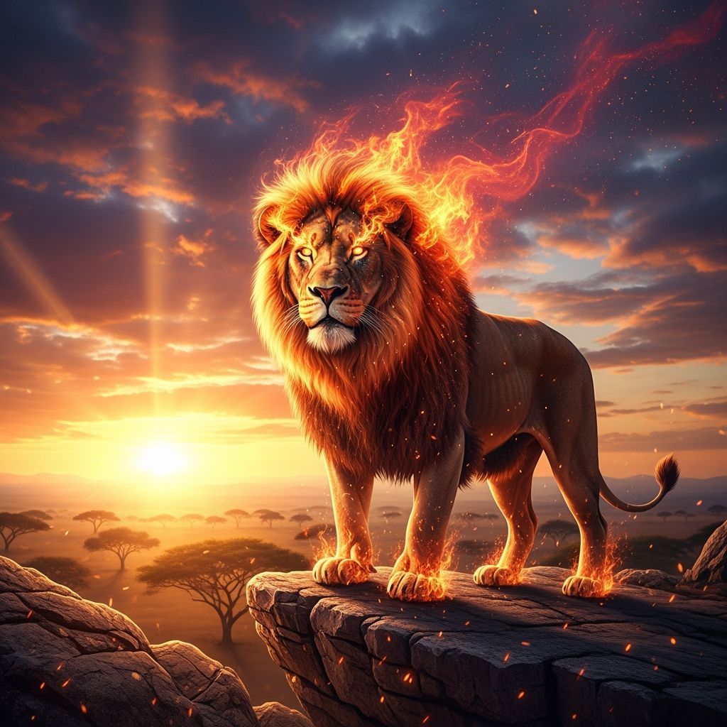 Lion with Fiery Mane Overlooking Savannah