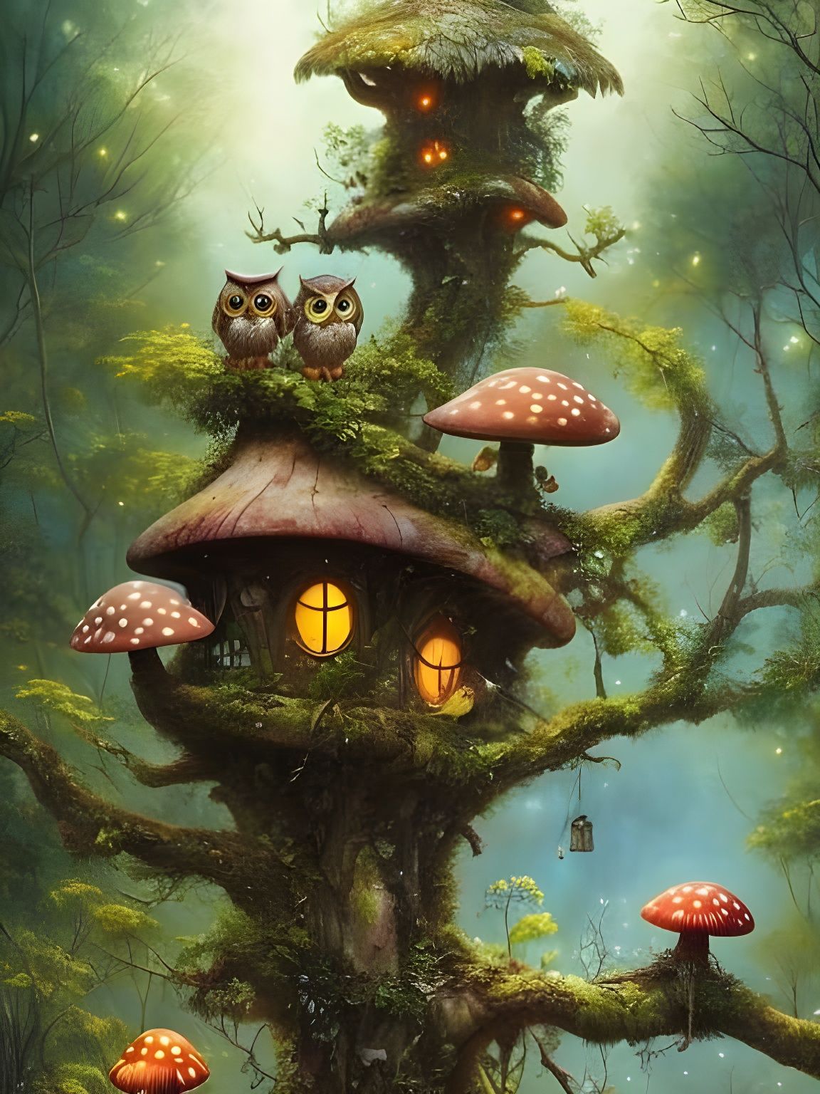 Cute Baby Owl on Magical Treehouse, Matte Painting