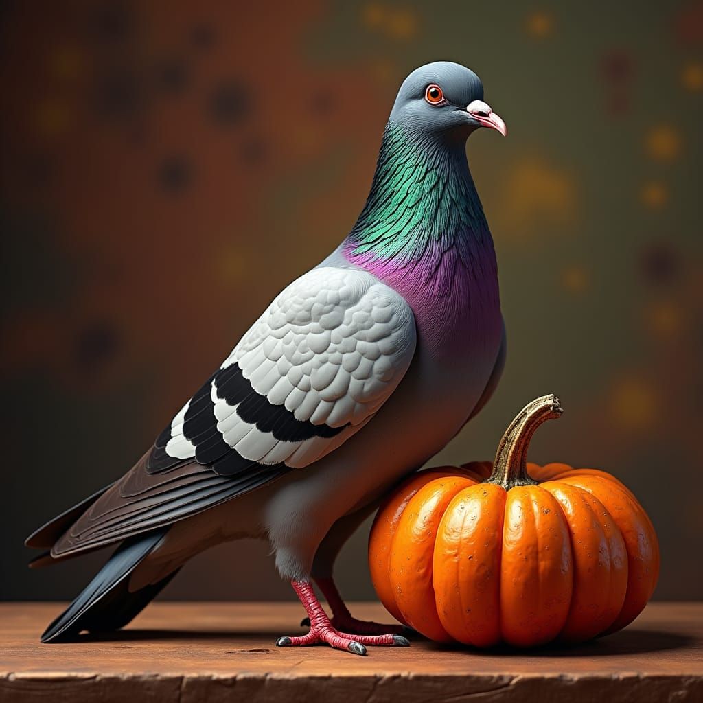 Hyperrealistic Pigeon and Pumpkin Splash Art