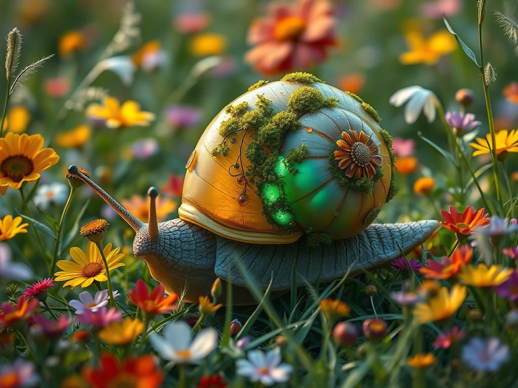 Solarpunk Snail in Bioluminescent Meadow