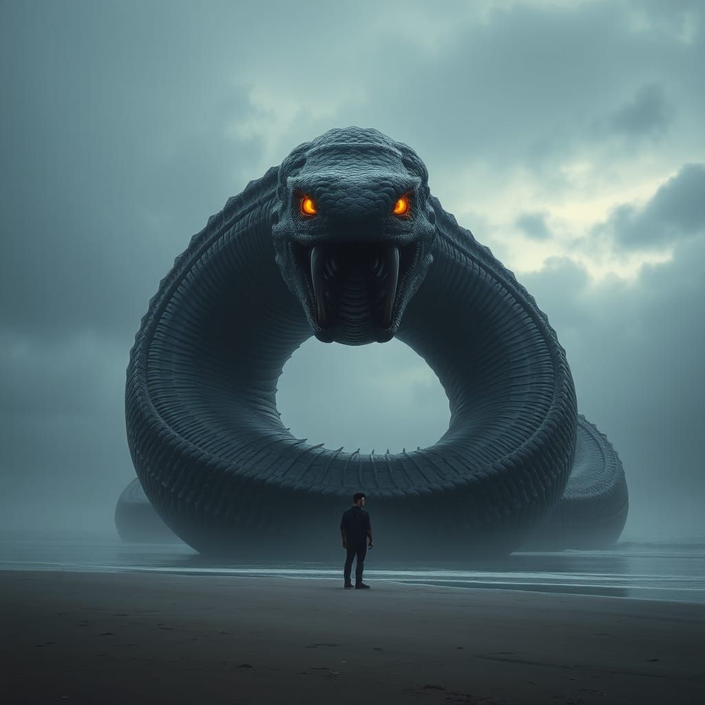 Colossal Sea Serpent Gazes Upon Lone Man