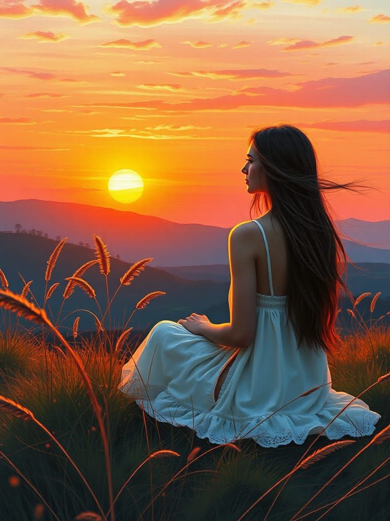 Slavic Girl Contemplating Sunset as Impressionist Gouache