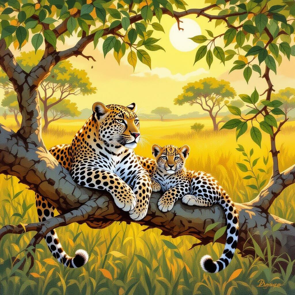 Leopard and Cub Resting in Sunny Savannah