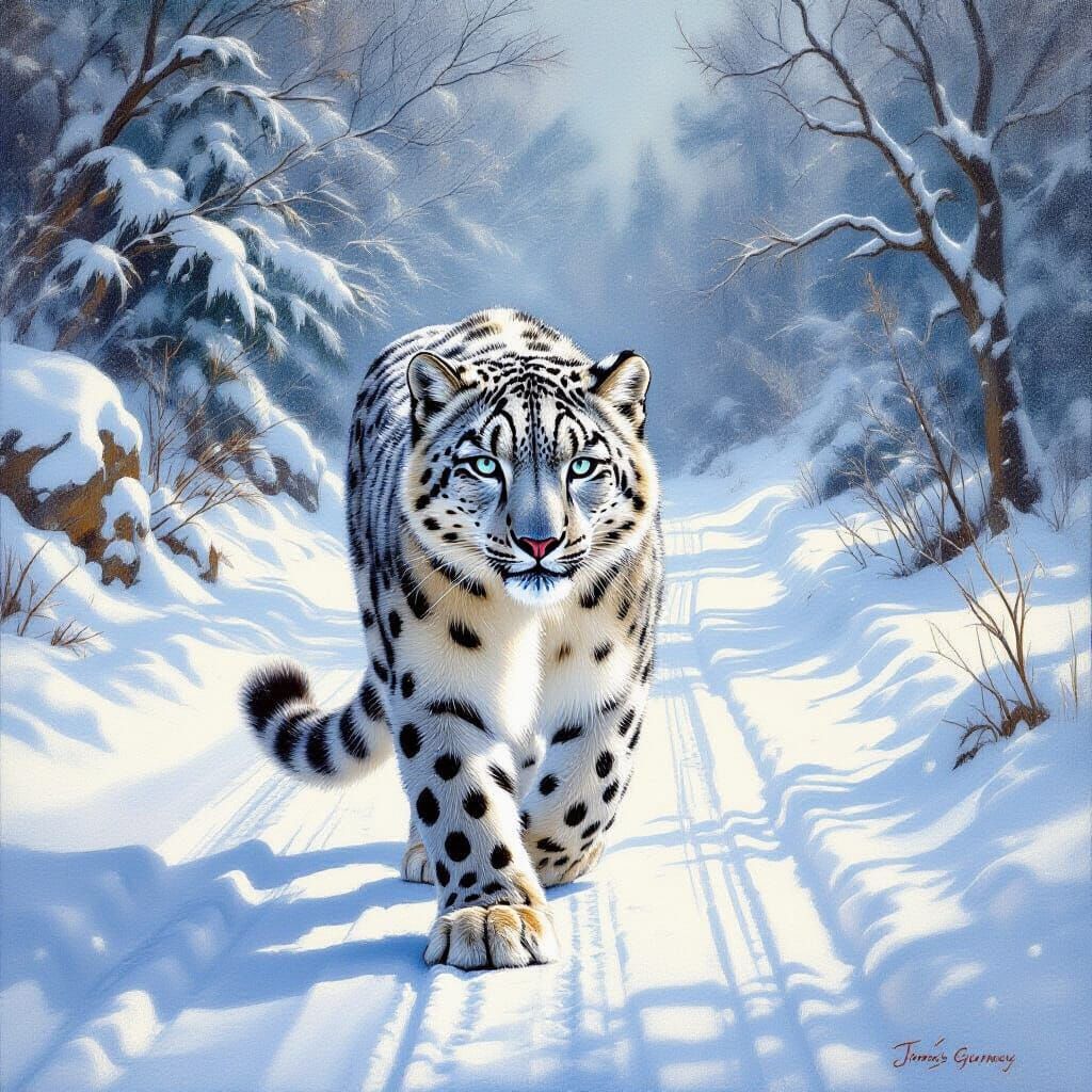 Snow Leopard Oil Painting in Textured Impasto Style