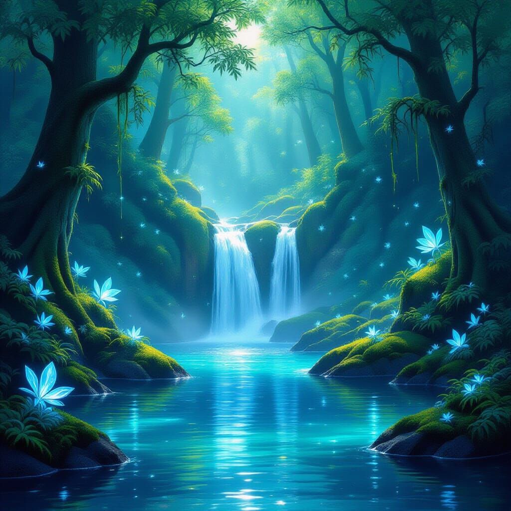 Enchanted Forest Waterfall and Glowing Flora