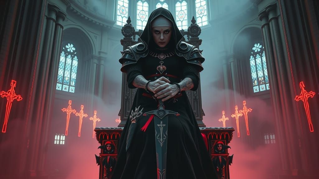 Gothic Queen Nun in Cyberpunk Cathedral