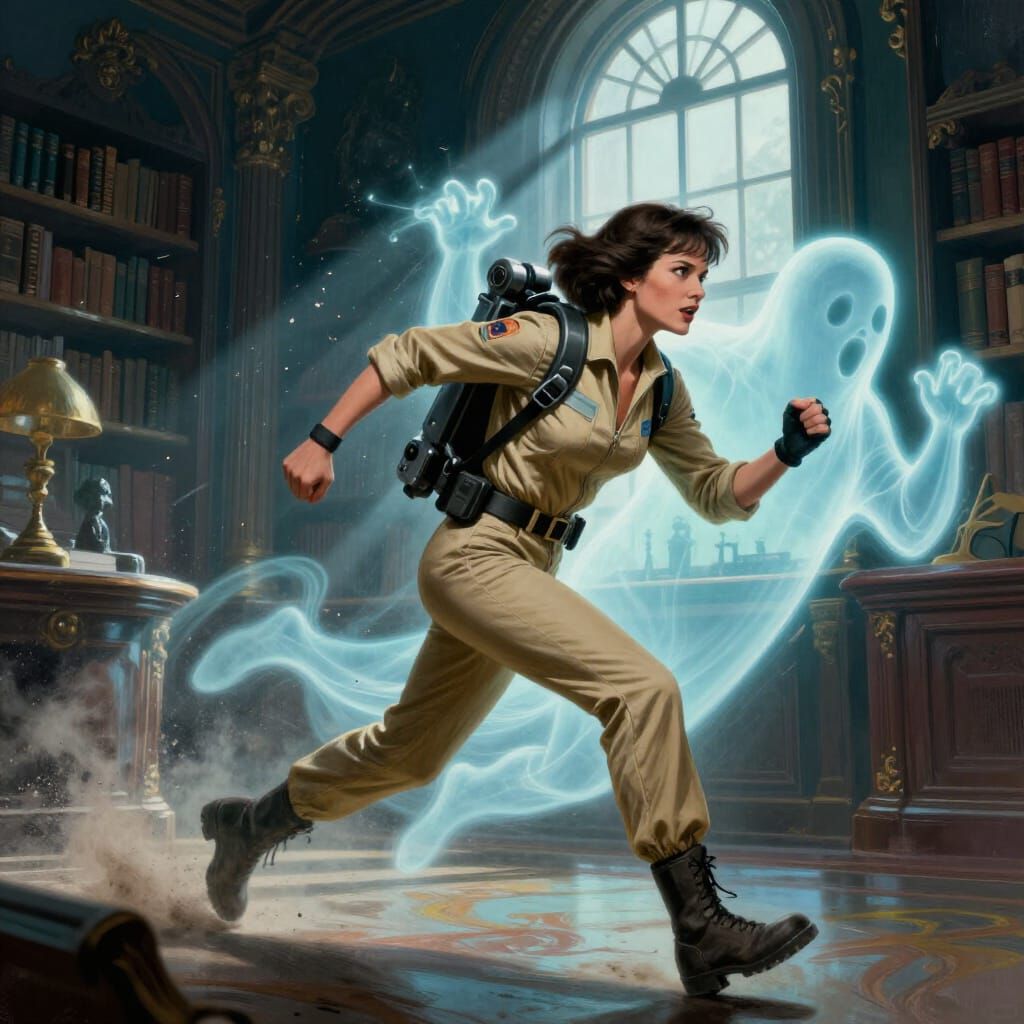 Ghost Hunter in Ornate Library Digital Painting